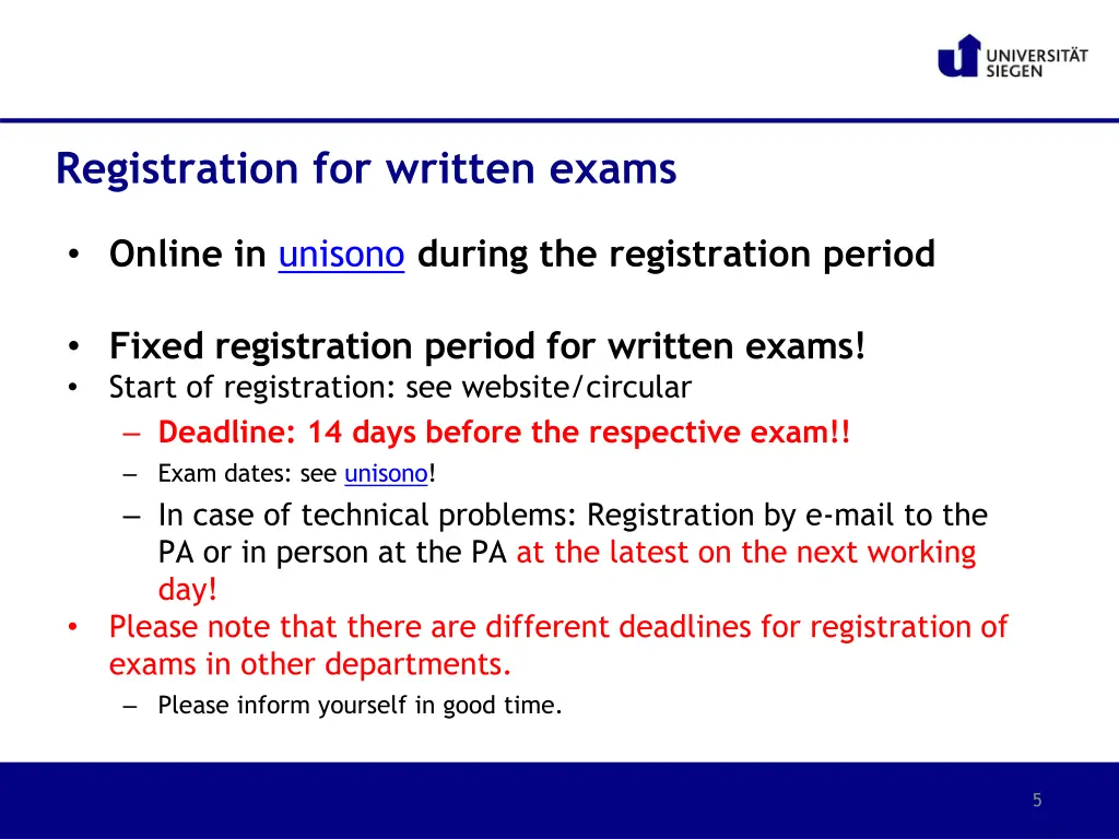registration for written exams