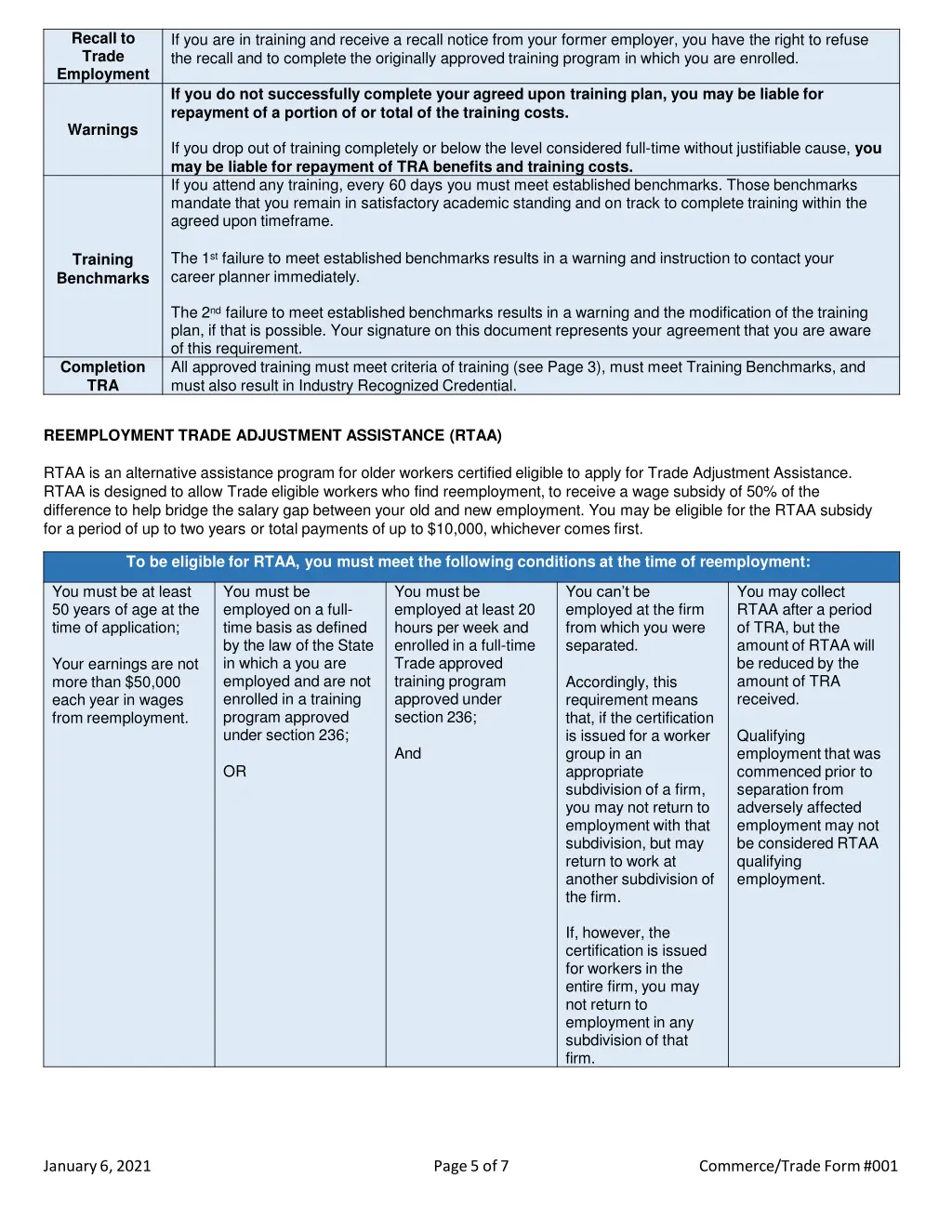 recall to trade employment
