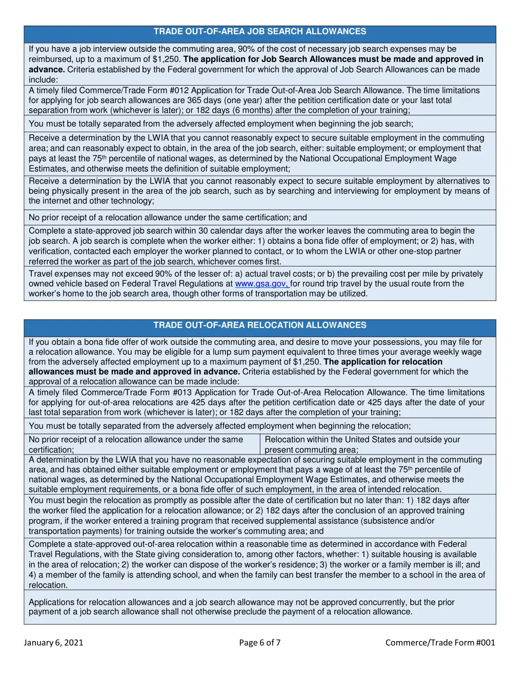trade out of area job search allowances