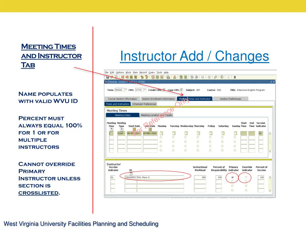 meeting times and instructor tab