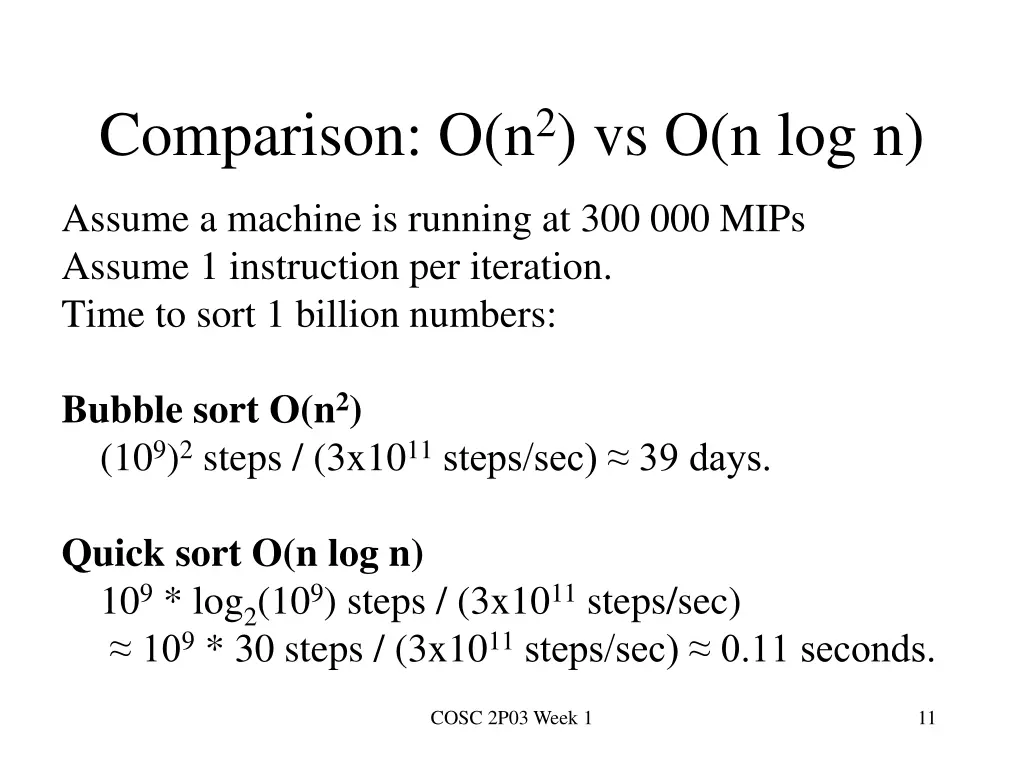 comparison o n 2 vs o n log n