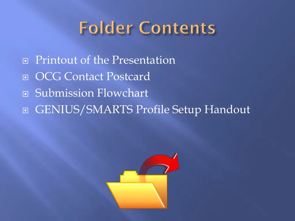 printout of the presentation ocg contact postcard