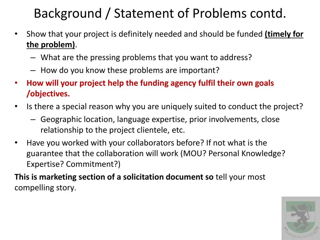 background statement of problems contd