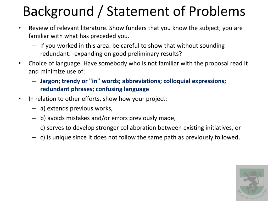 background statement of problems