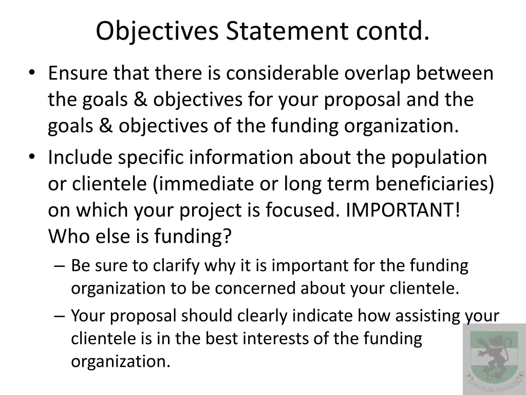 objectives statement contd