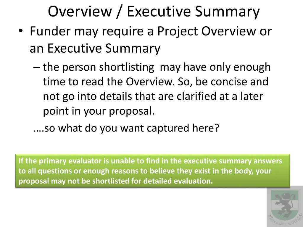 overview executive summary funder may require