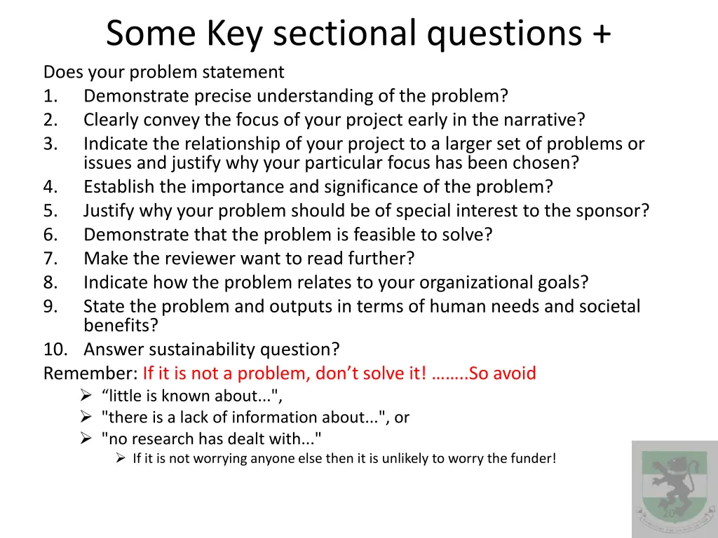 some key sectional questions does your problem