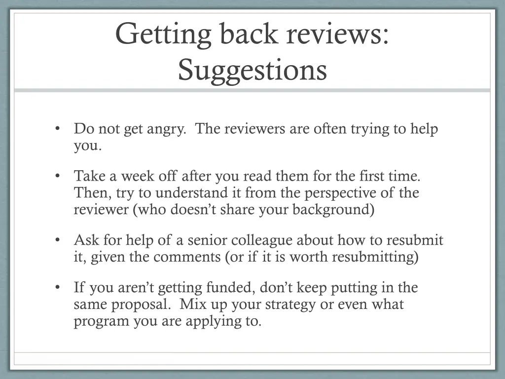 getting back reviews suggestions