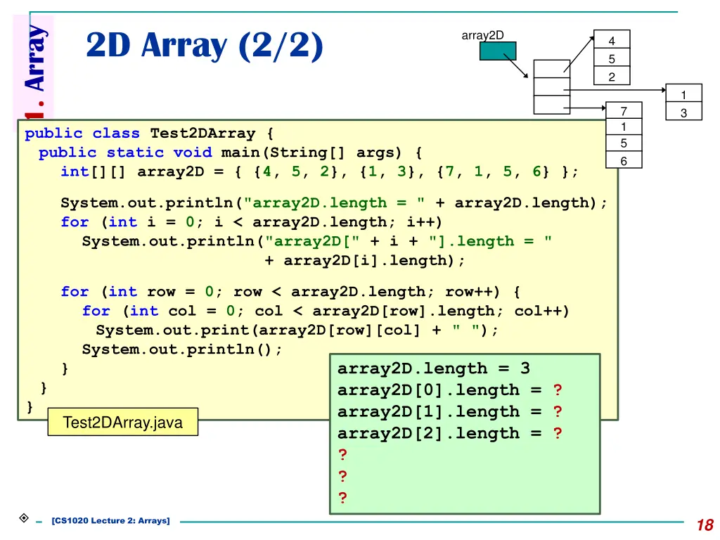 1 array public class test2darray public static