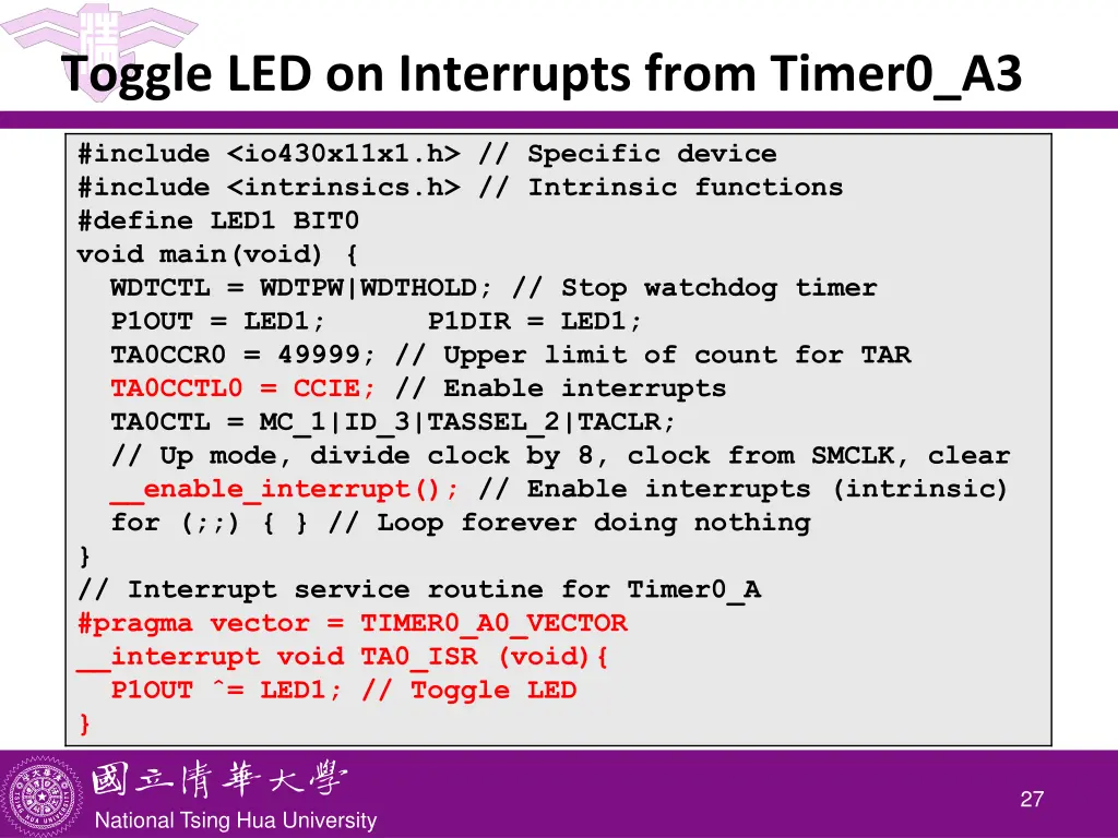 toggle led on interrupts from timer0 a3