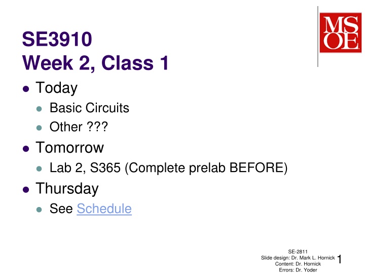se3910 week 2 class 1 today basic circuits other