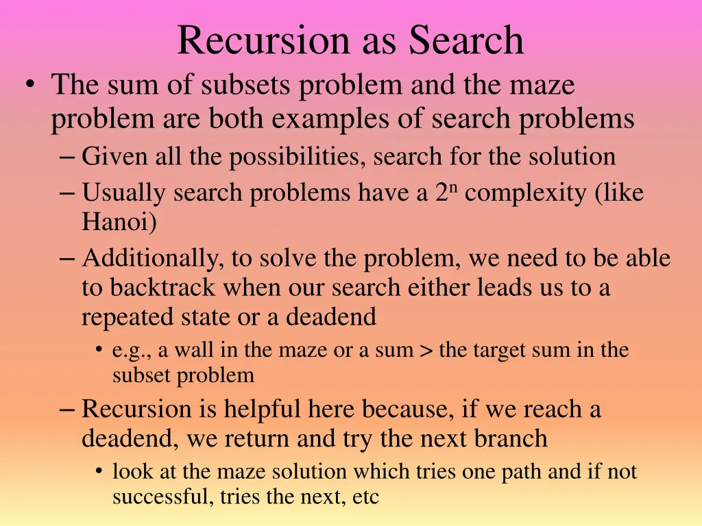 recursion as search the sum of subsets problem