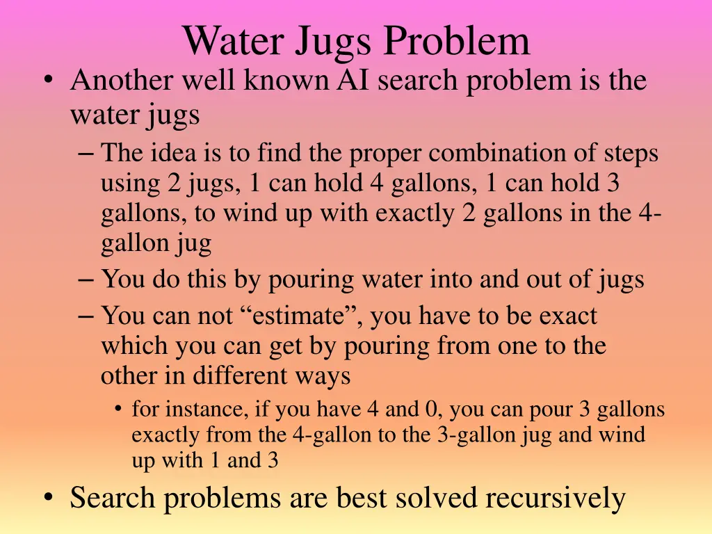 water jugs problem another well known ai search