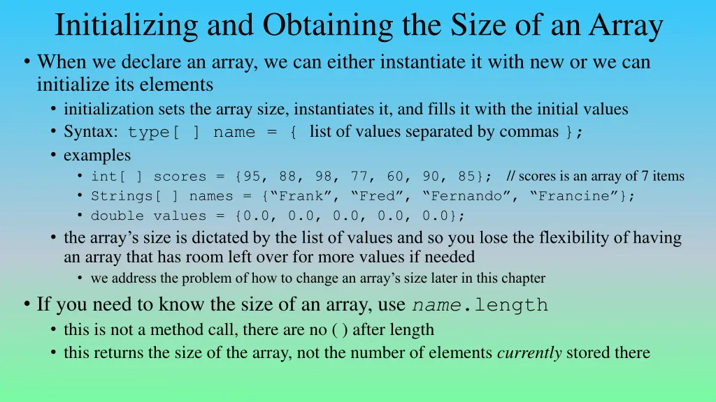 initializing and obtaining the size of an array