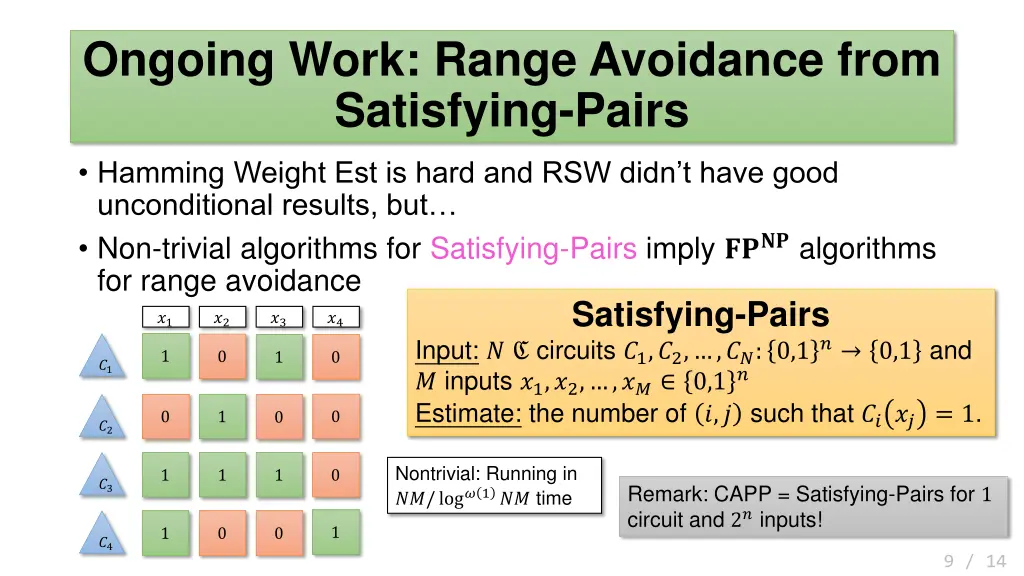 ongoing work range avoidance from satisfying pairs