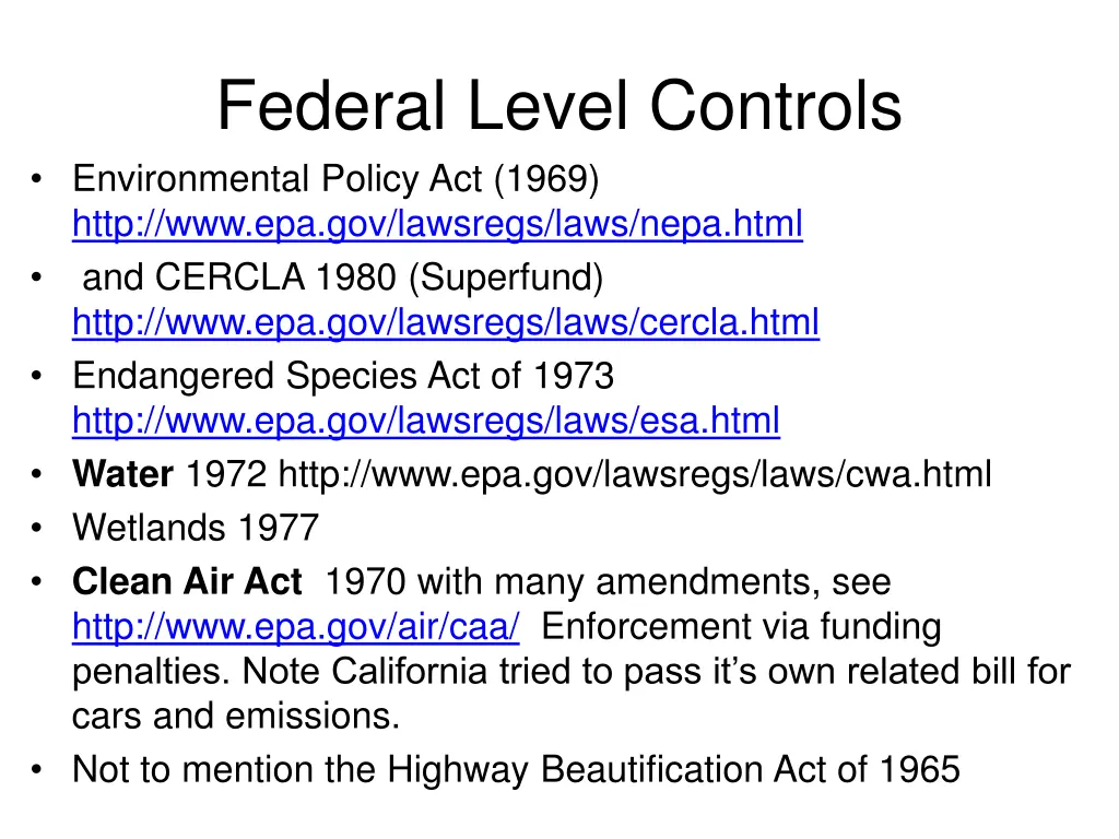 federal level controls environmental policy