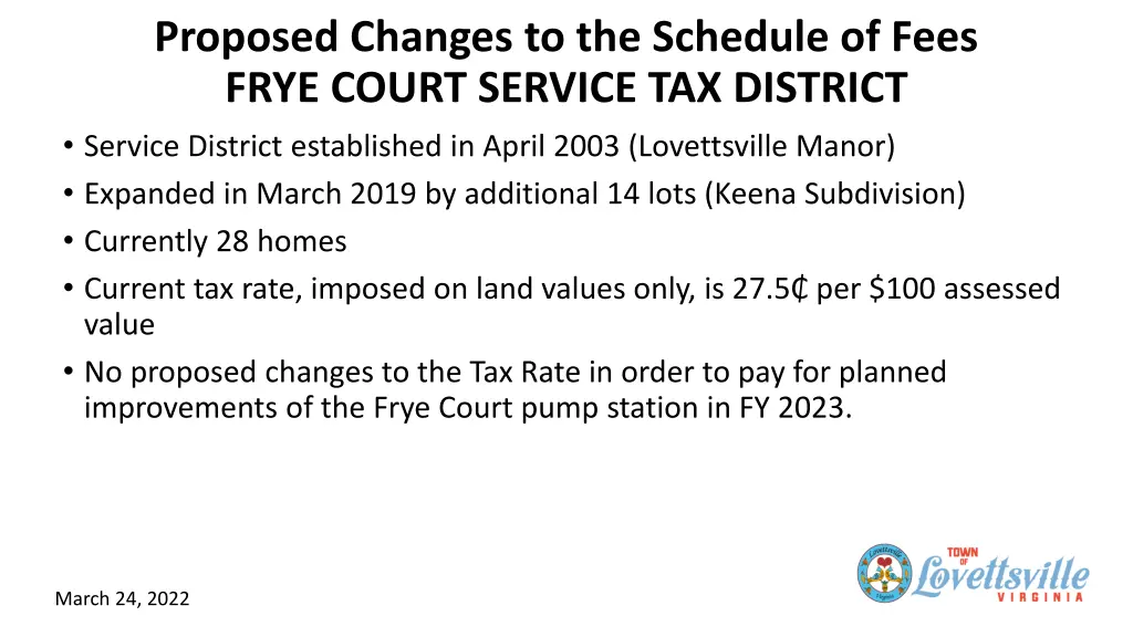 proposed changes to the schedule of fees frye