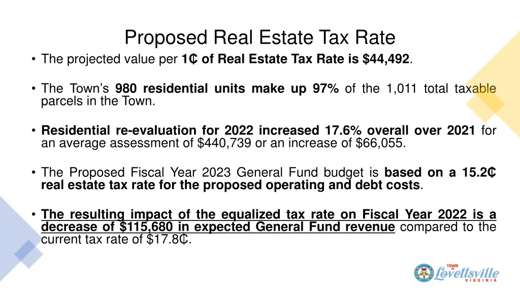 proposed real estate tax rate the projected value