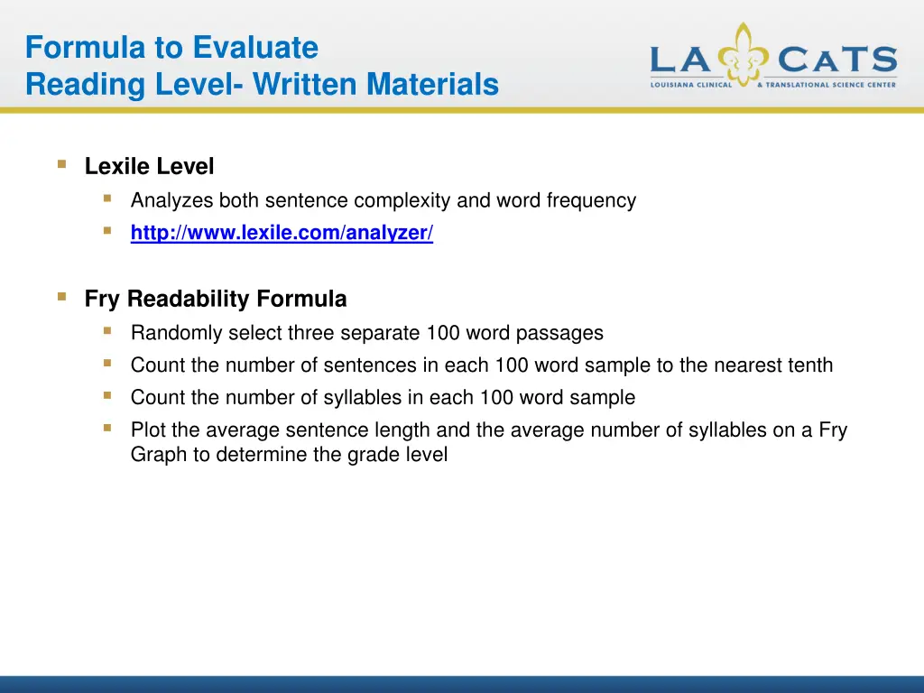 formula to evaluate reading level written 1