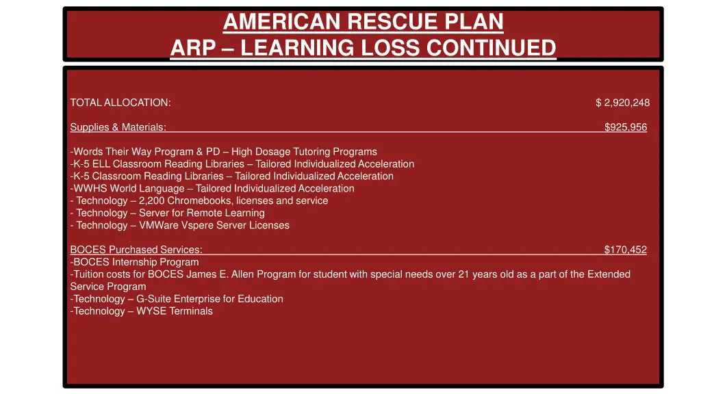 american rescue plan arp learning loss continued