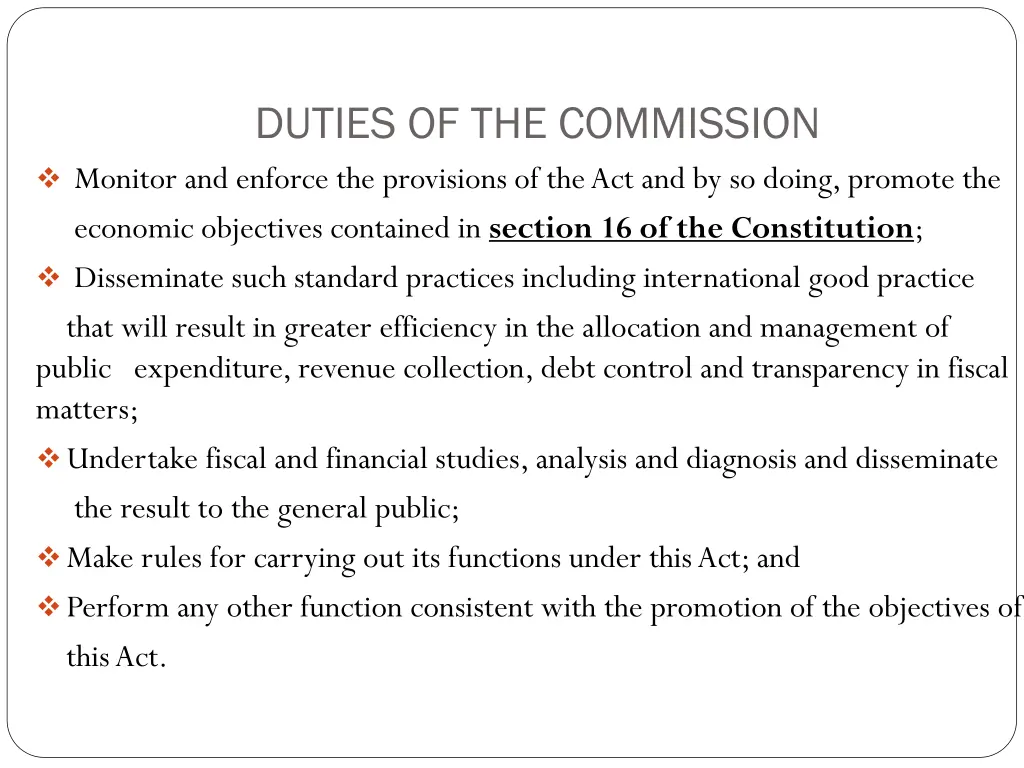 duties of the commission monitor and enforce