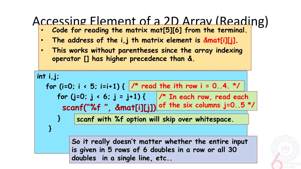 accessing element of a 2d array reading code