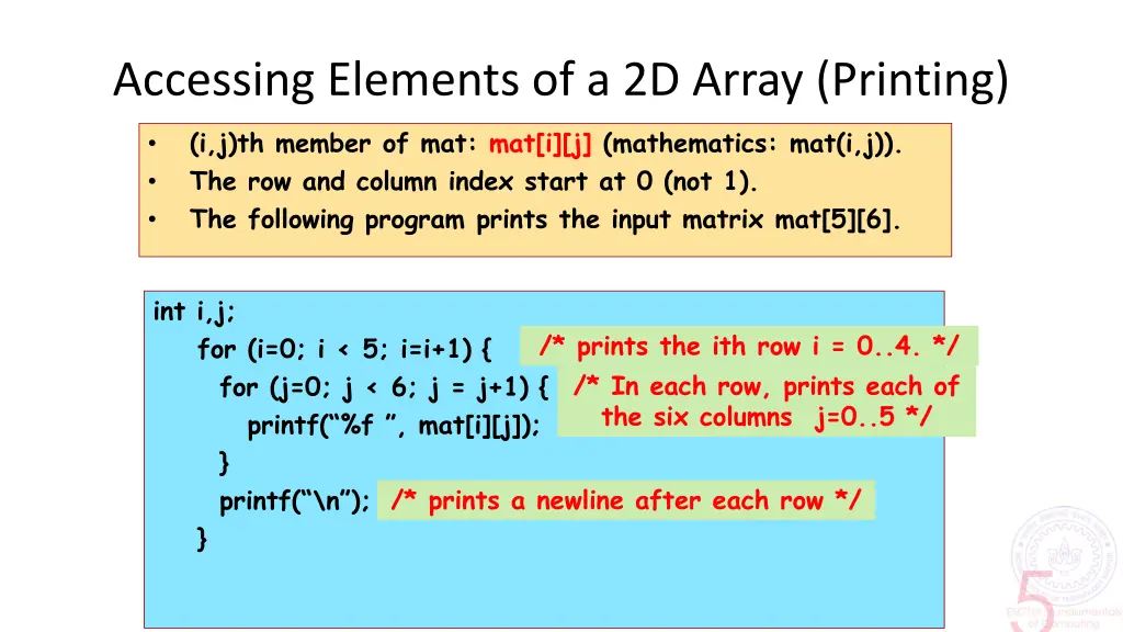 accessing elements of a 2d array printing