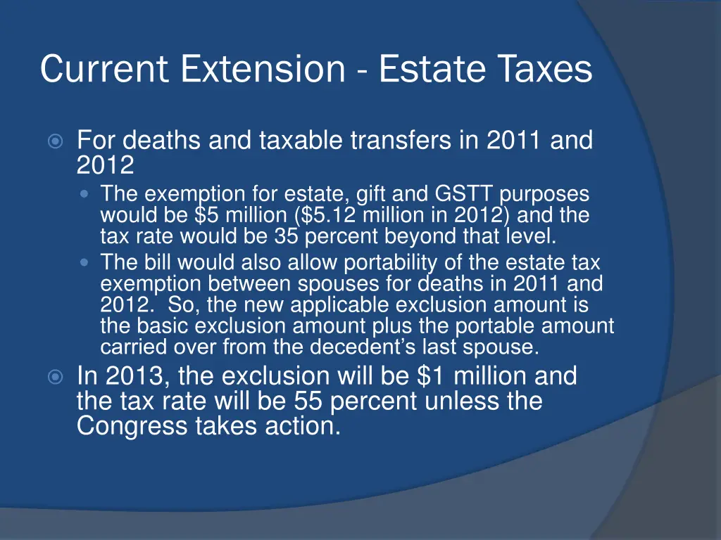 current extension estate taxes