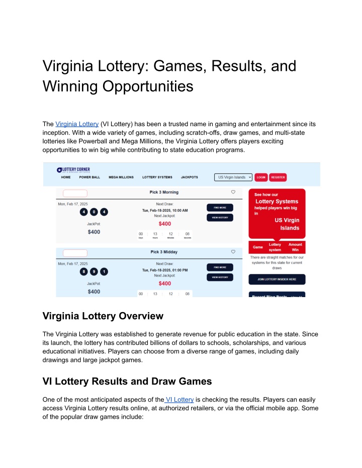 virginia lottery games results and winning