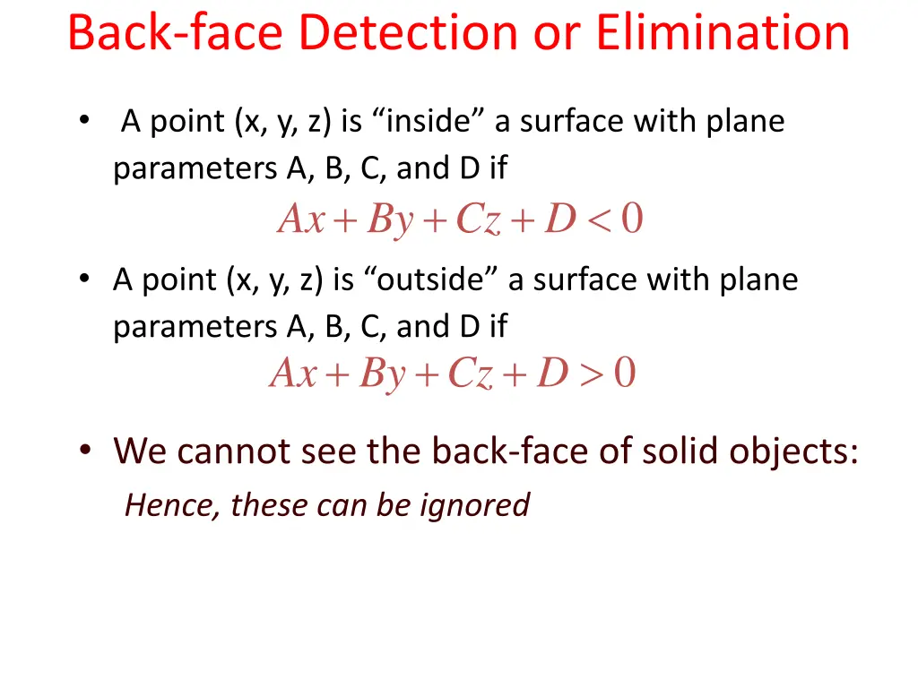 back face detection or elimination