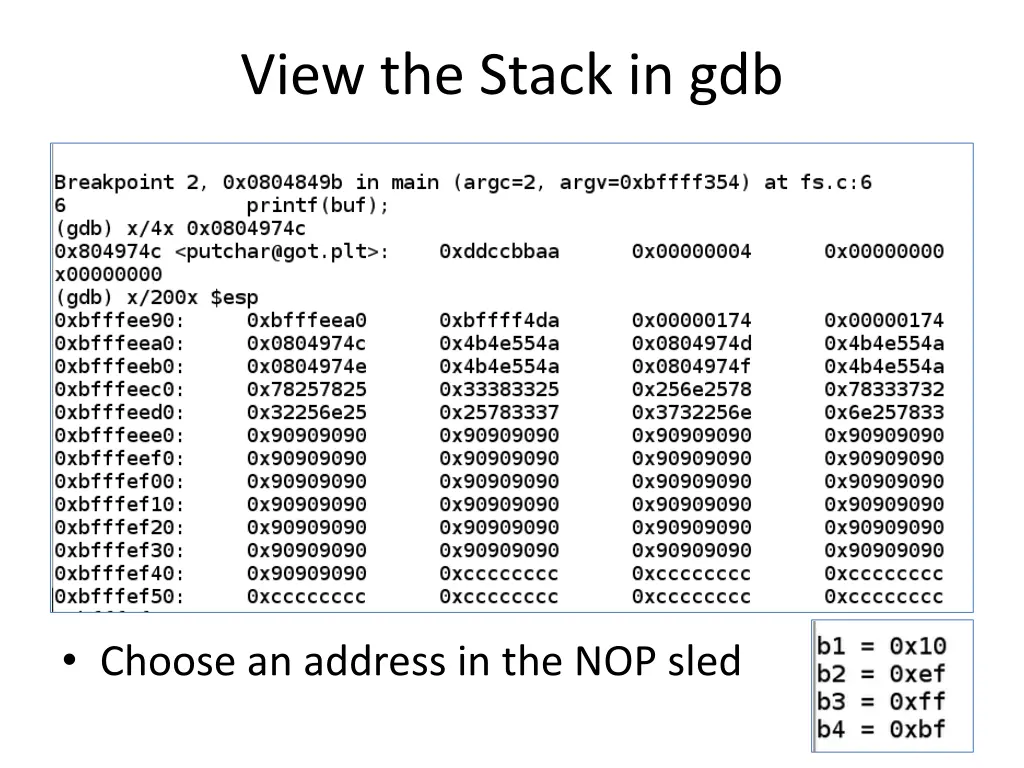 view the stack in gdb