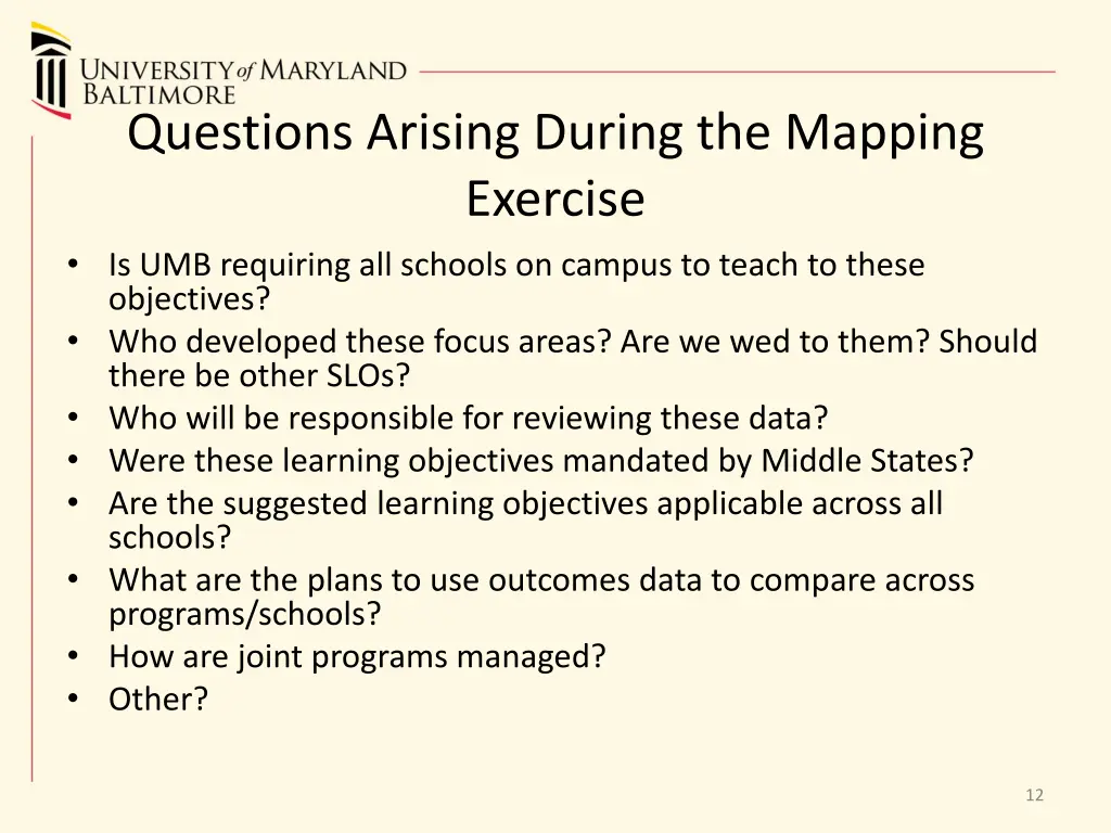 questions arising during the mapping exercise