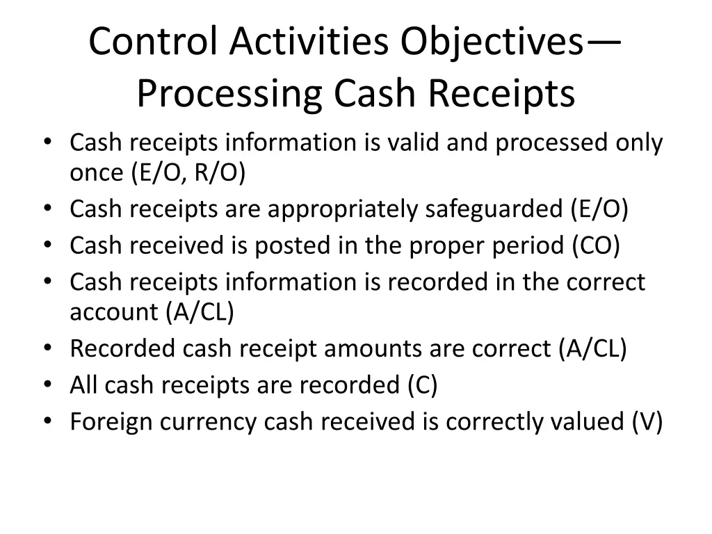 control activities objectives processing cash