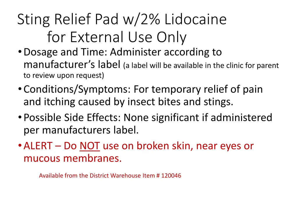 sting relief pad w 2 lidocaine for external