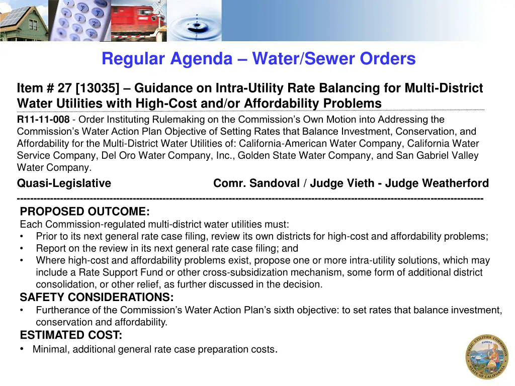 regular agenda water sewer orders