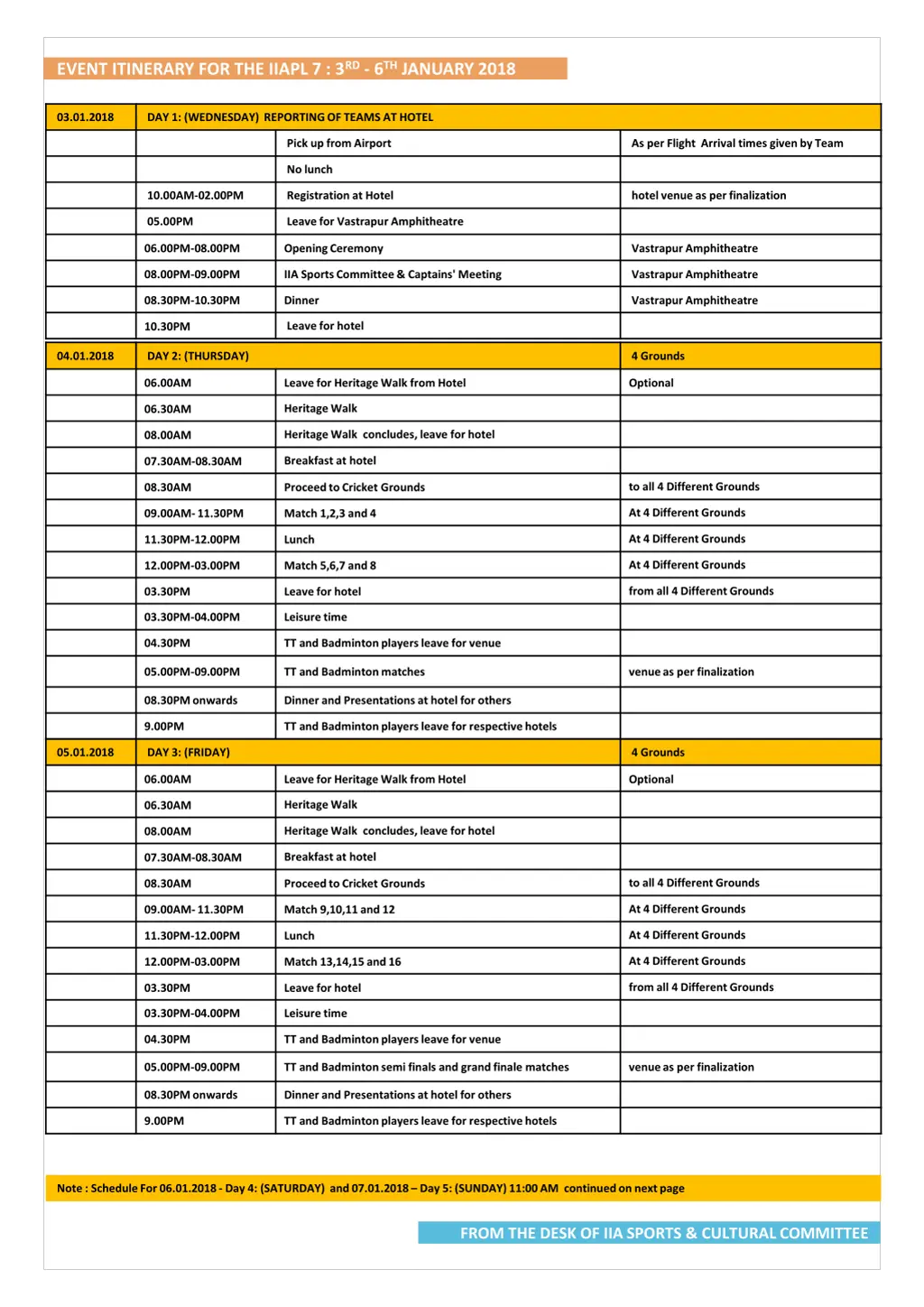 event itinerary for the iiapl 7 3 rd 6 th january