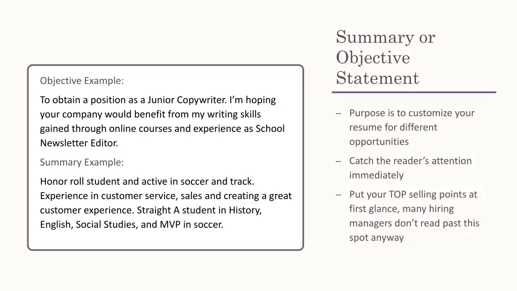 summary or objective statement