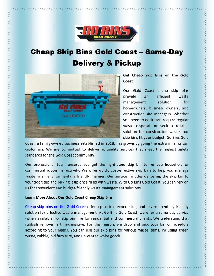 cheap skip bins gold coast same day delivery