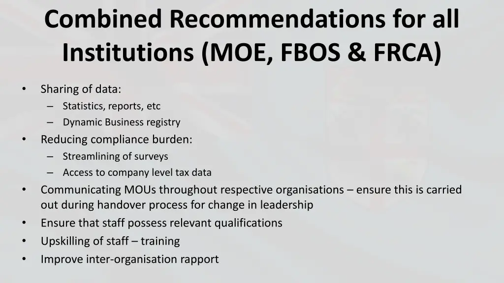 combined recommendations for all institutions