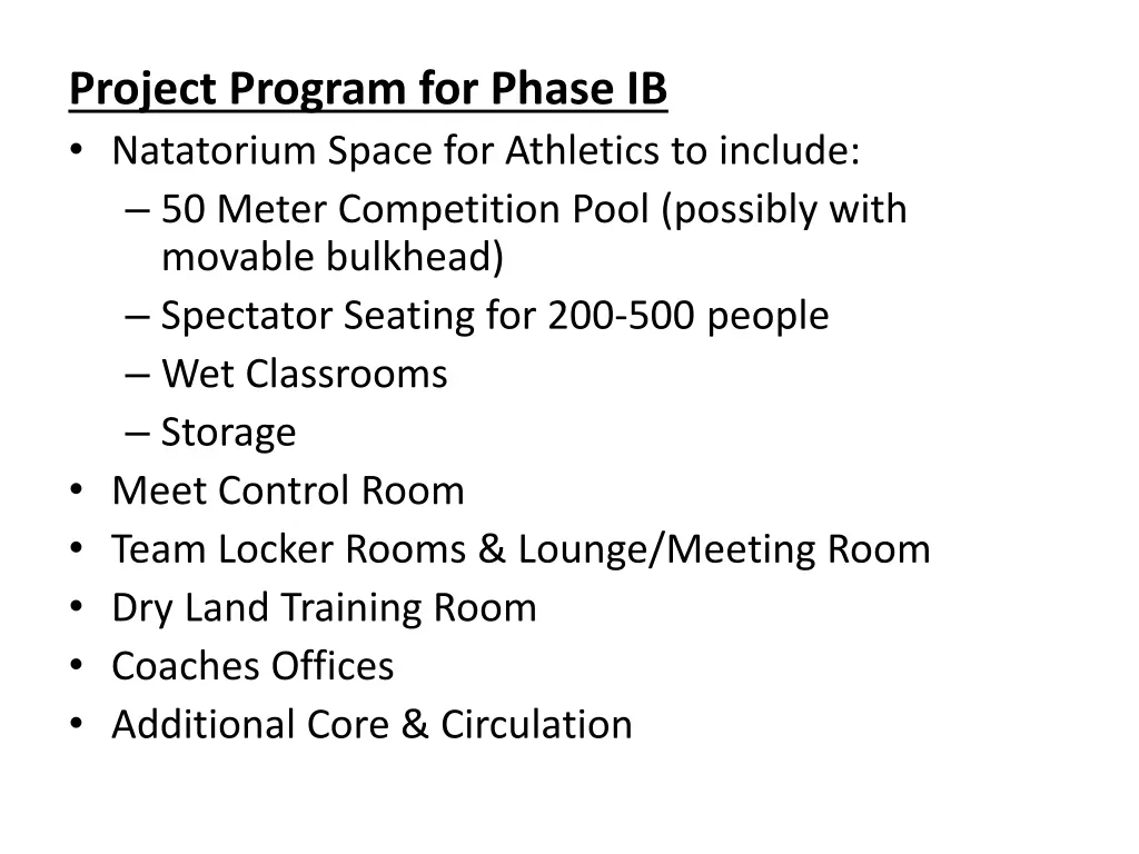 project program for phase ib natatorium space