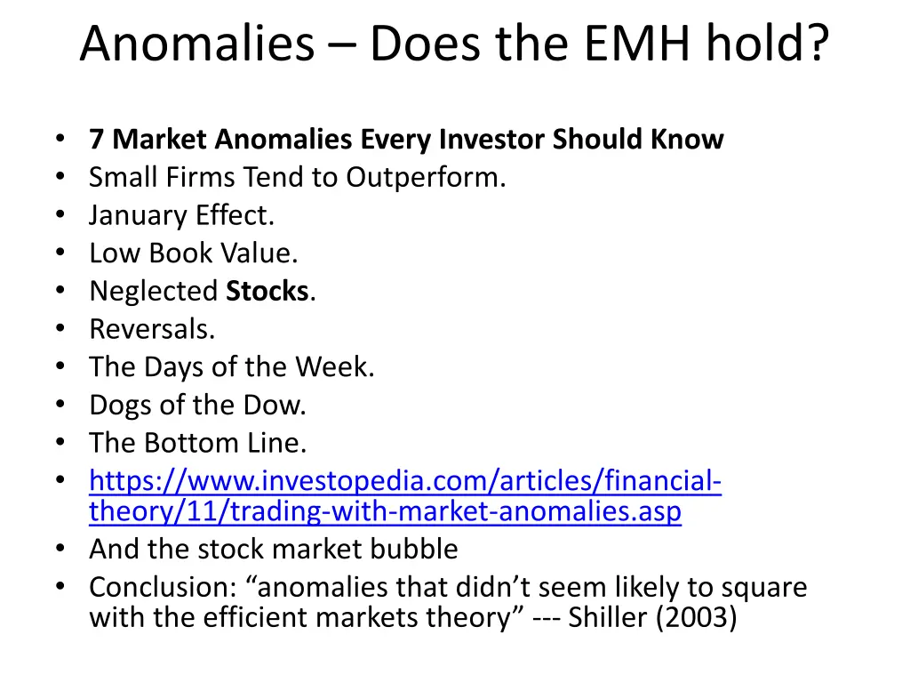 anomalies does the emh hold