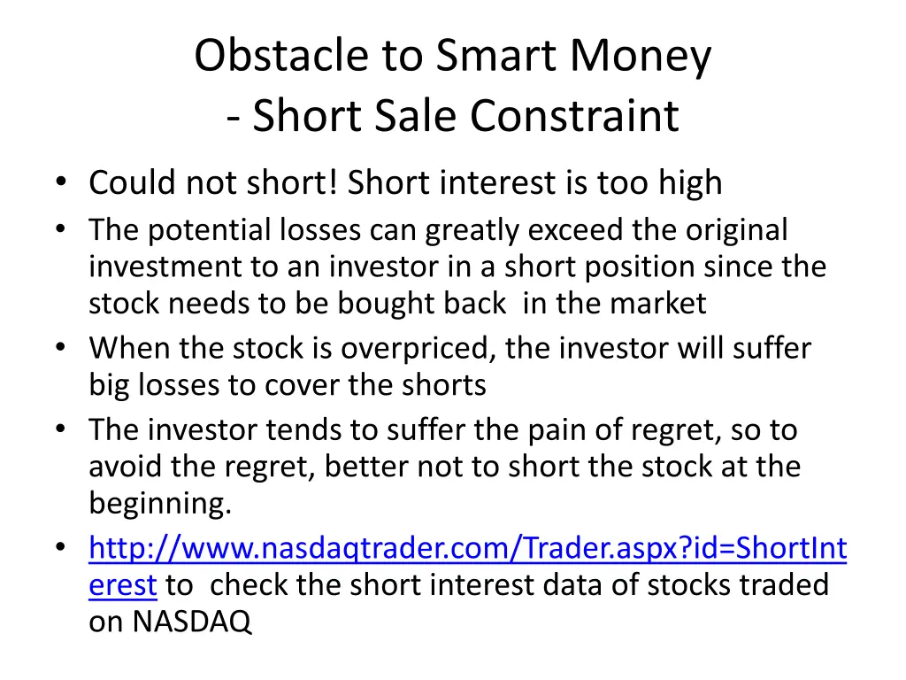 obstacle to smart money short sale constraint