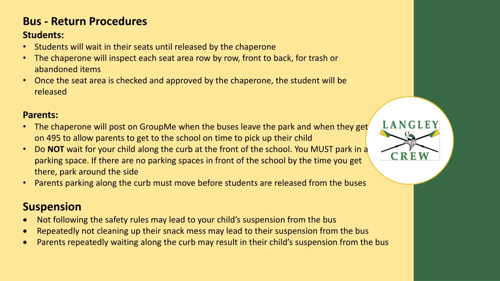 bus return procedures students students will wait