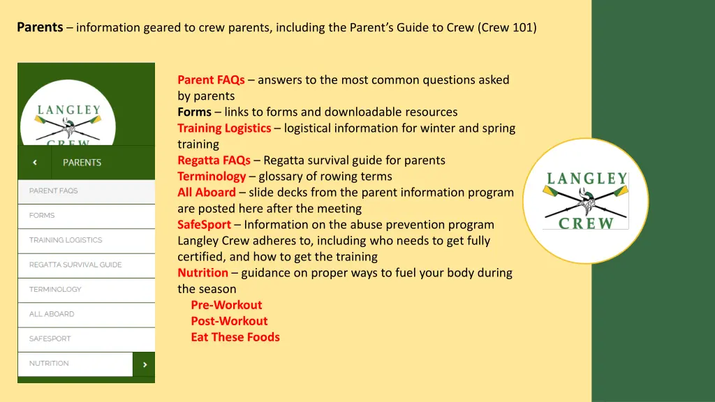 parents information geared to crew parents