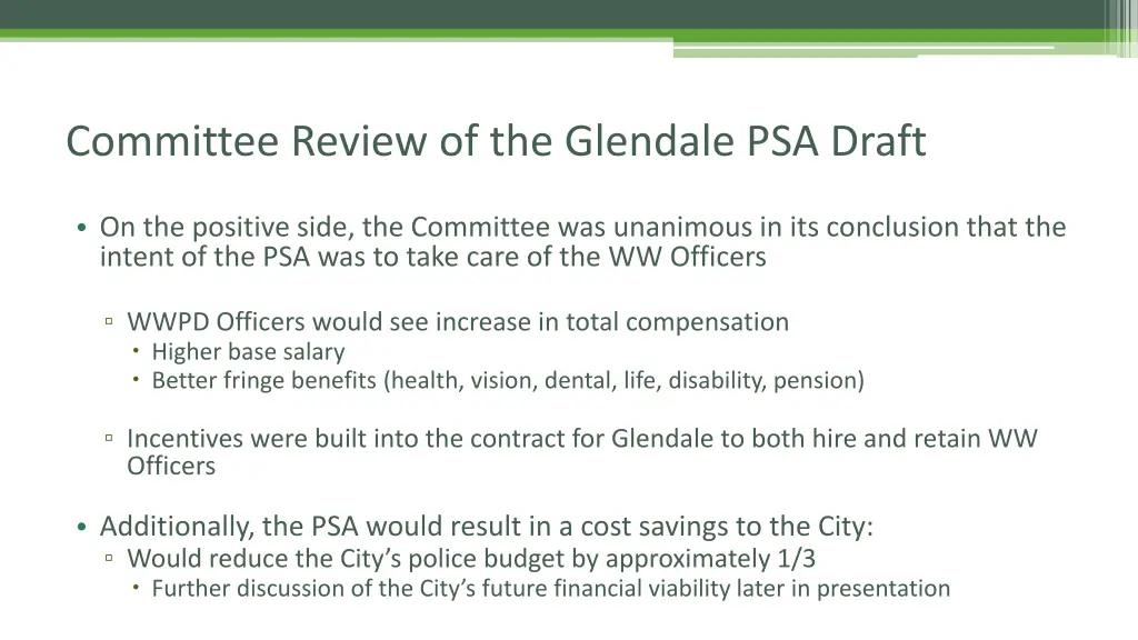 committee review of the glendale psa draft