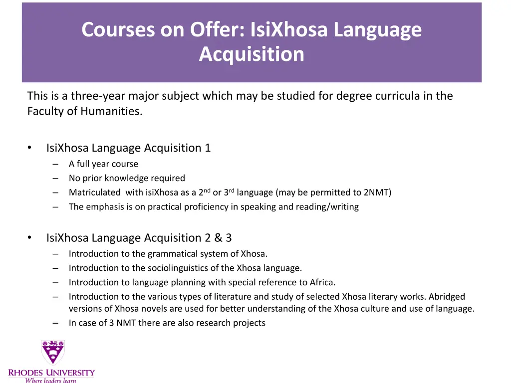 courses on offer isixhosa language acquisition