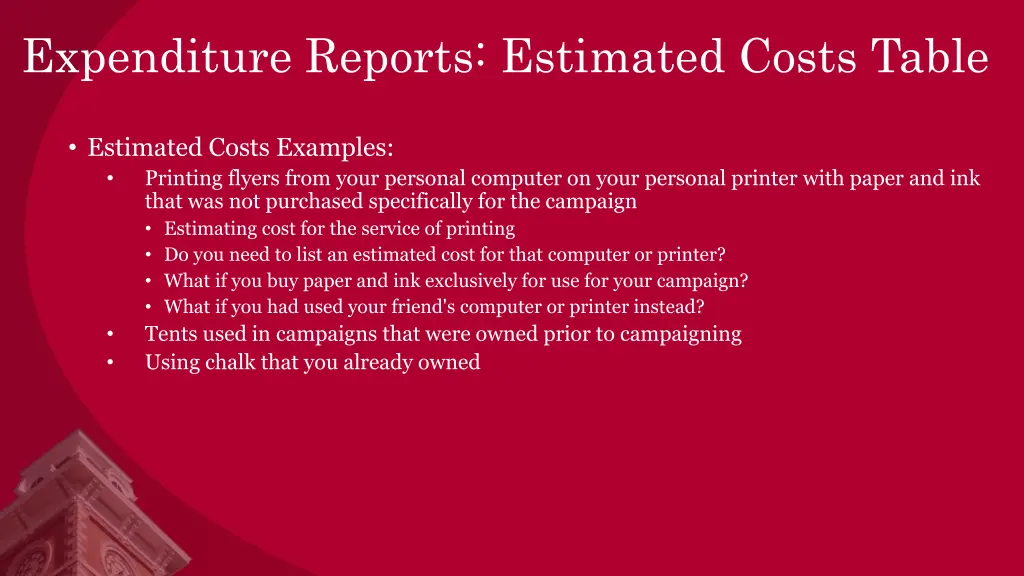 expenditure reports estimated costs table 1