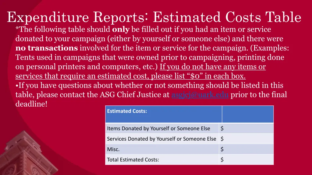 expenditure reports estimated costs table