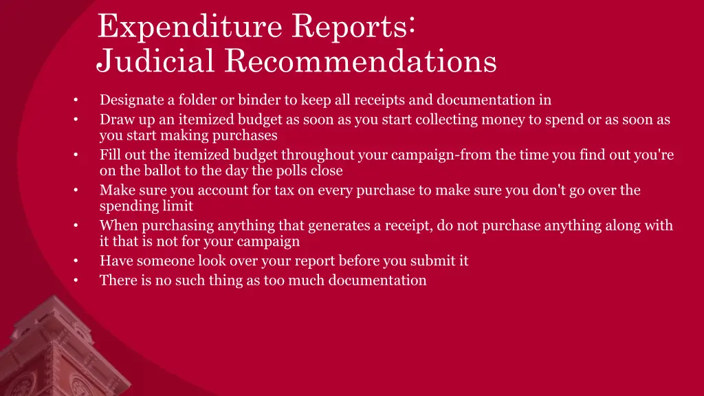 expenditure reports judicial recommendations