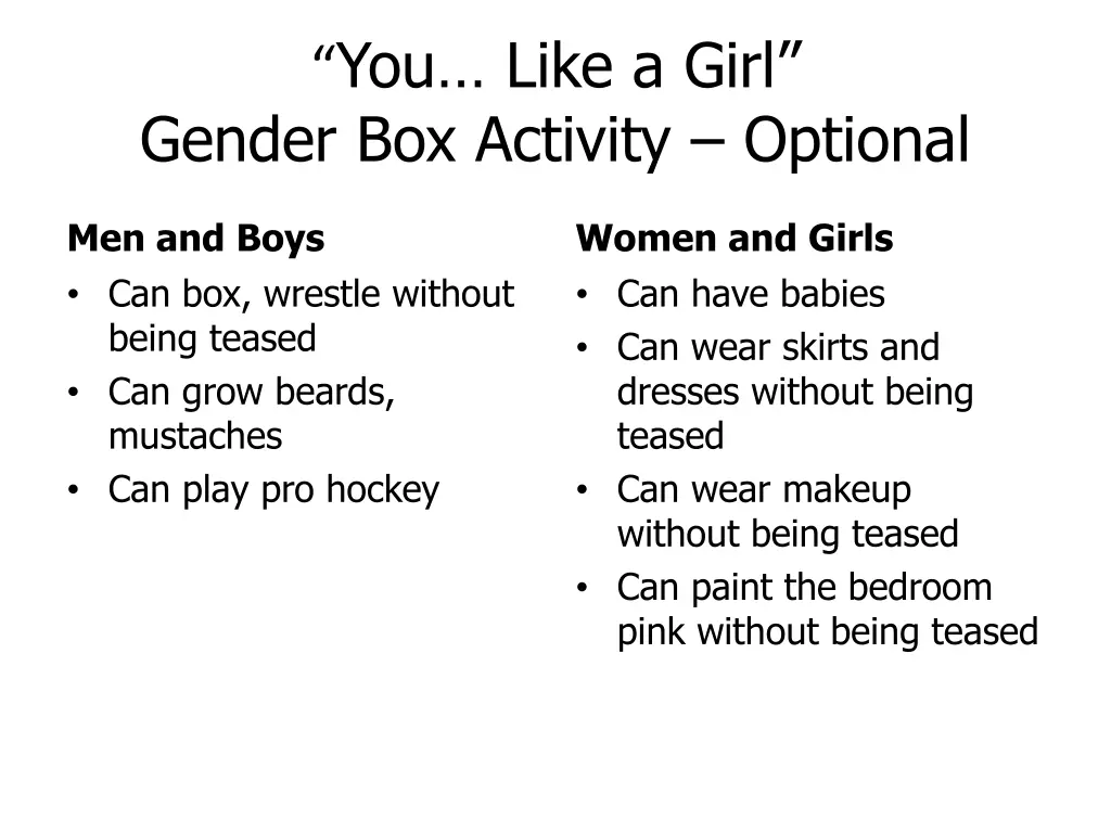 you like a girl gender box activity optional